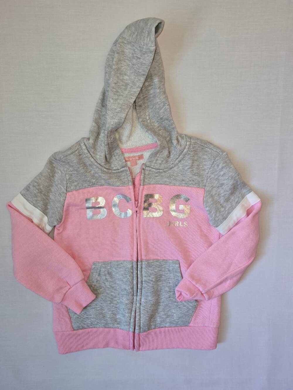 NWOT BCBG Girls Pink Gray Zip Hoodie Jacket Size 7 Metallic Logo